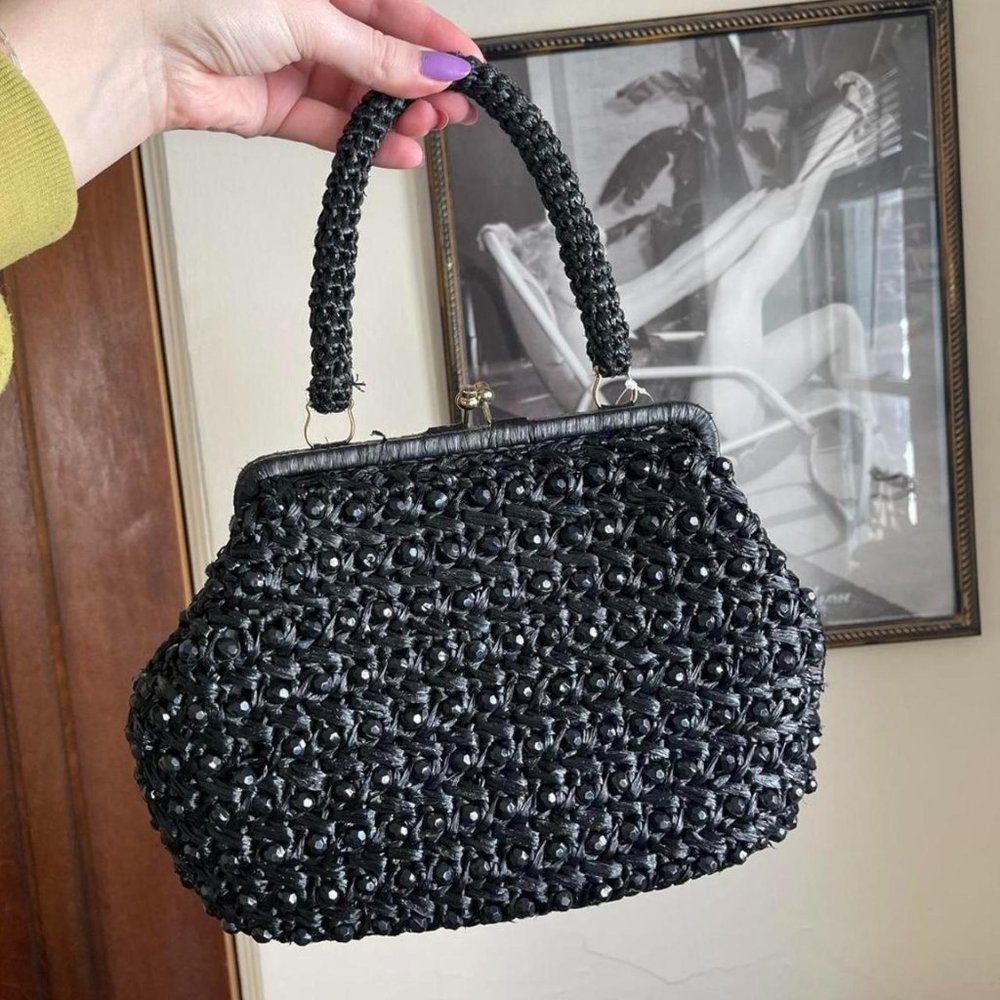 VTG 60s Black Beaded Raffia Straw Purse